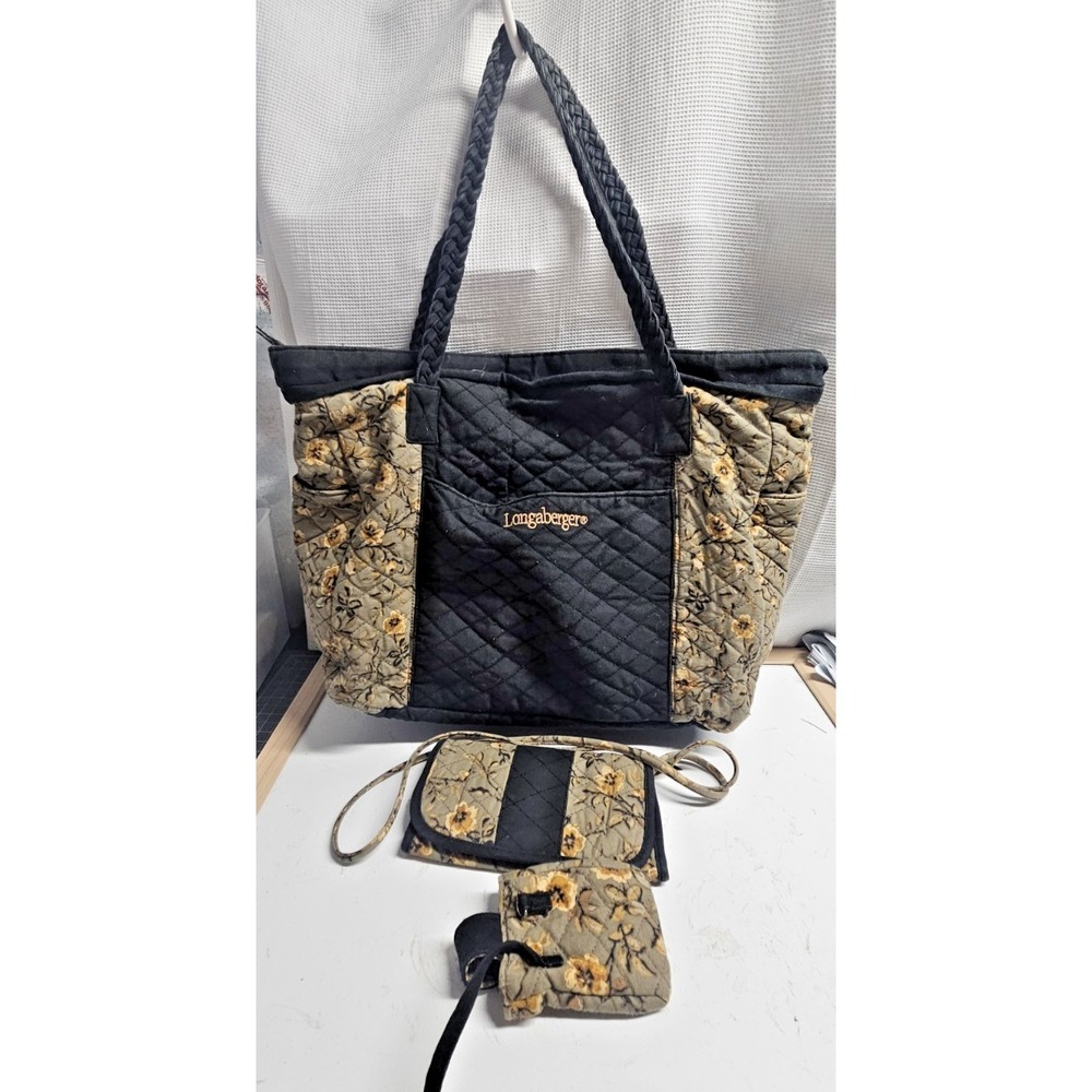 Vtg LONGABERGER large tote bag braided handles matching wallet pouch 3pcs